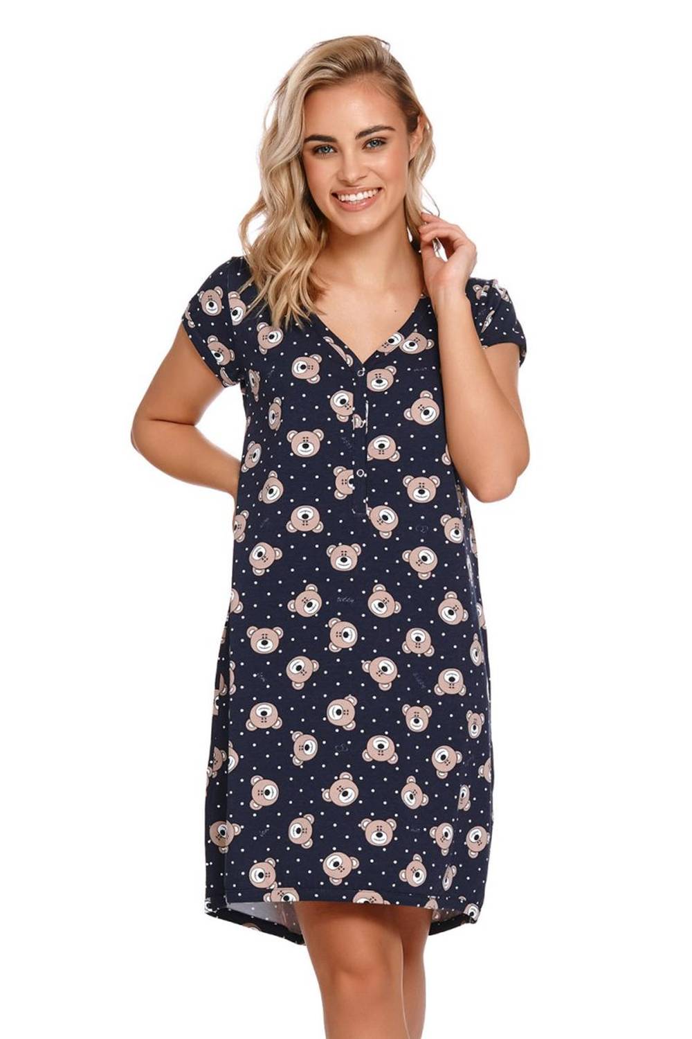 Хлопковая сорочка с принтом в виде мишек (Размер: XL) (Цвет: темно-синий)