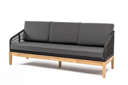 "Канны" диван 3-местный плетеный из роупа, основание дуб, роуп темно-серый круглый, ткань темно-серая 019