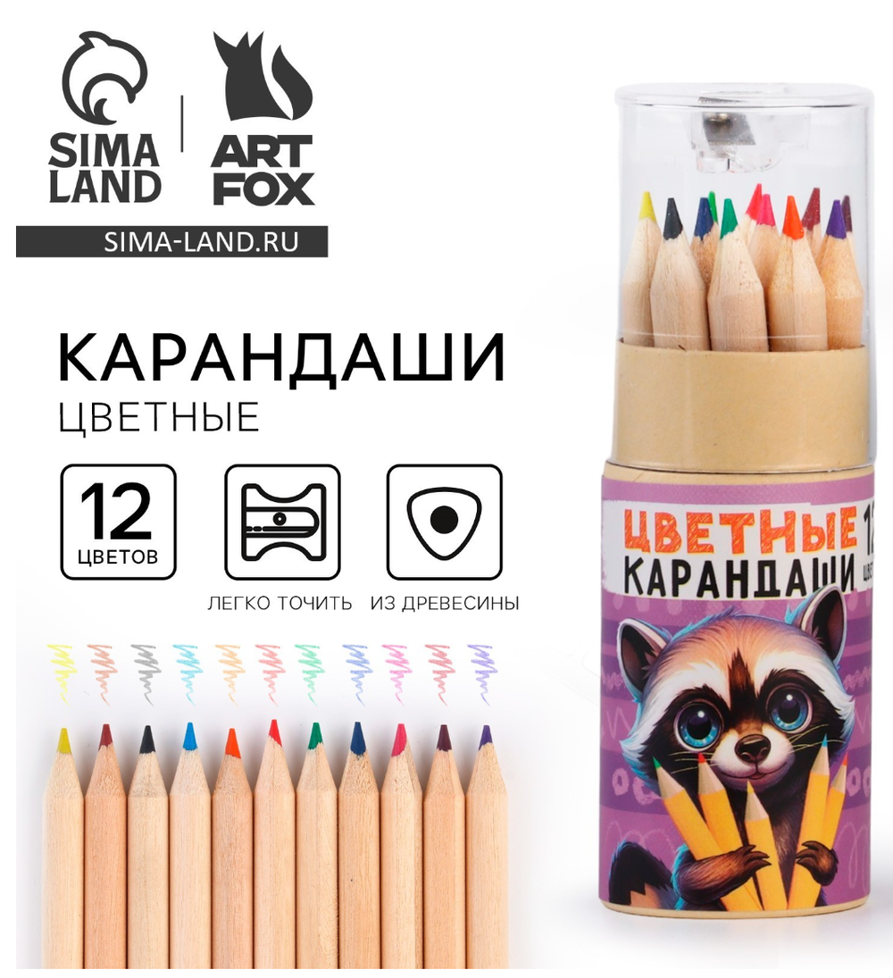 Цветные карандаши 12 цветов в тубусе Енот 7614