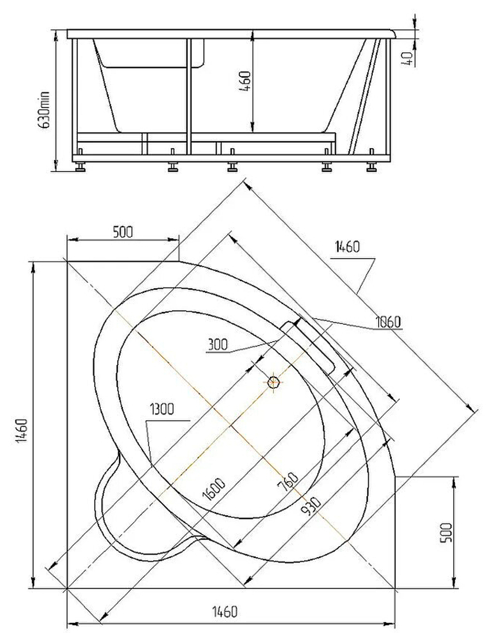 Акриловая ванна Aquatek (Акватек) Калипсо 146x146, с каркасом, с фронтальной панелью, со сливом-переливом