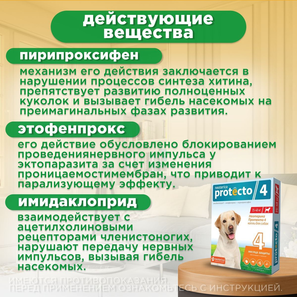 Капли на холку от клещей, блох и комаров для собак от 25-40 кг Protecto (Neoterica), 2 пипетки. Имидаклоприд/Этофенпрокс/Пирипроксифен