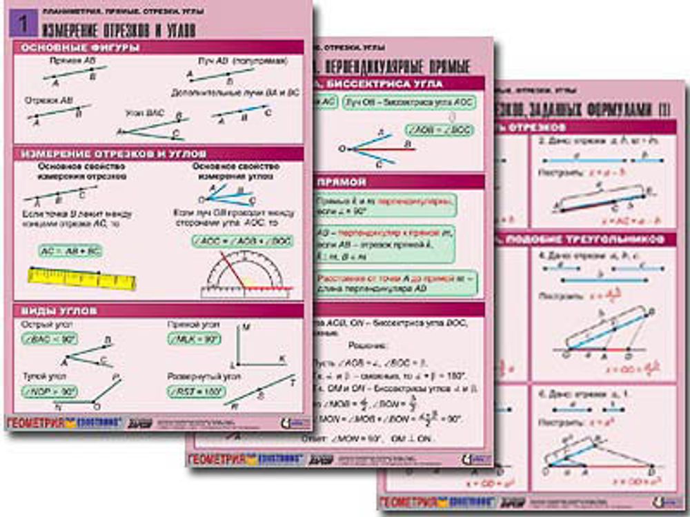 Комплект таблиц &quot;Планиметрия. Прямые. Отрезки. Углы&quot; (8 табл., А1, лам.)