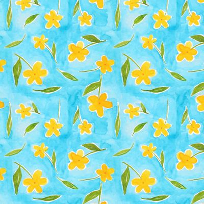 Желтые акварельные цветы на голубом фоне, летний акварельный принт.