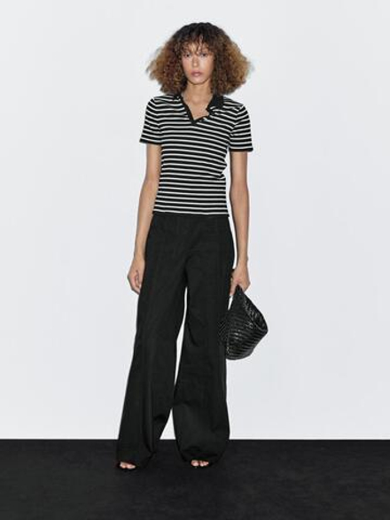 Massimo Dutti Футболка поло из смесового хлопка в полоску, черный
