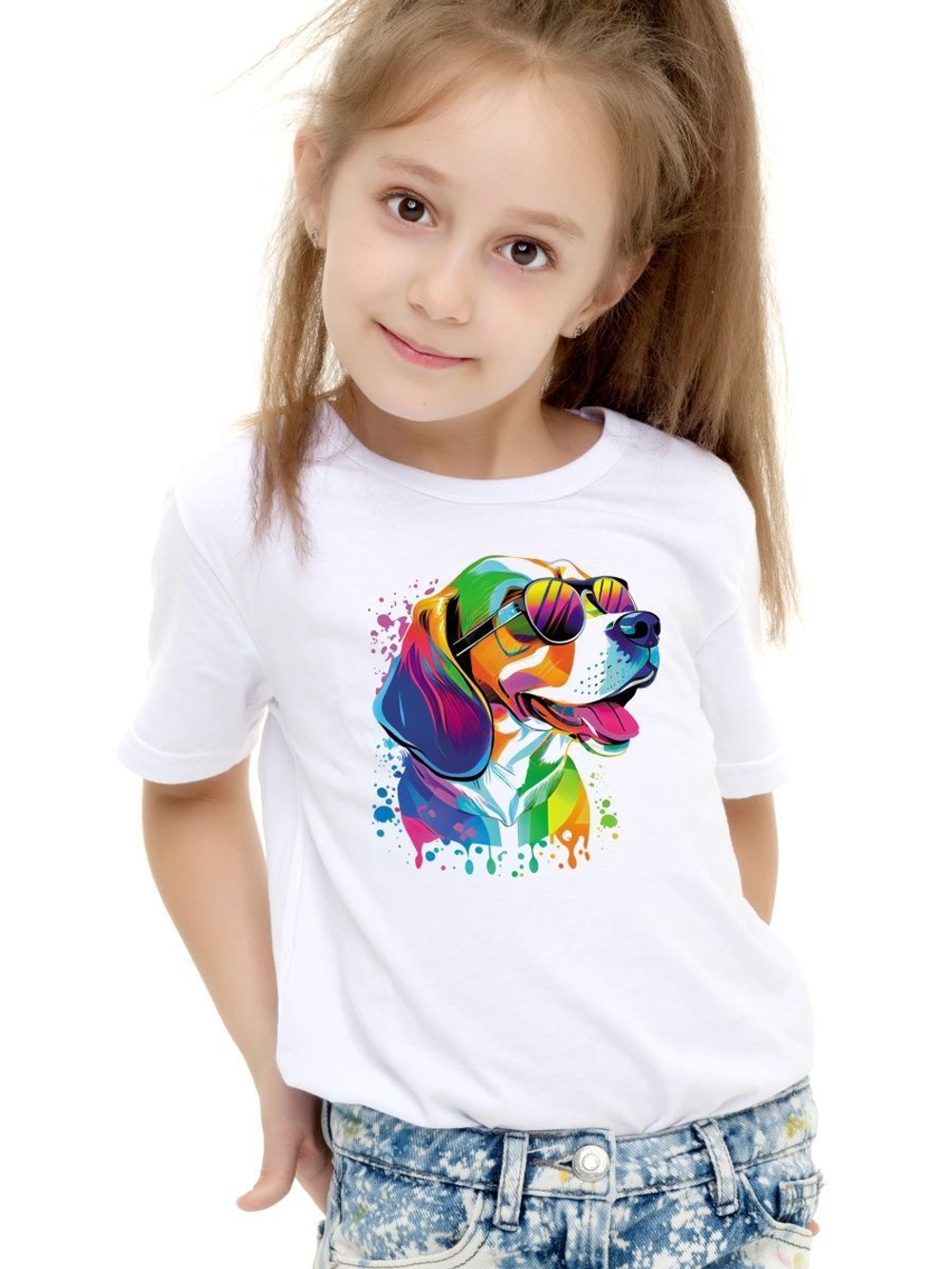 Футболка детская яркий принт собаки щенок бигль красочный
