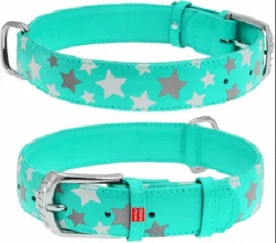 Ошейник для собак кожаный WAUDOG Glamour с QR паспортом, узор "Звёздочка", светящийся/светоотражающий, XS, Ш 12 мм, Дл 21-29 см ментоловый