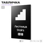 Табличка Лестница, на дверь и стену, информационная и мультиязычная (русский, английский, китайский), серия GLOBAL, 25х15 см, Айдентика Технолоджи