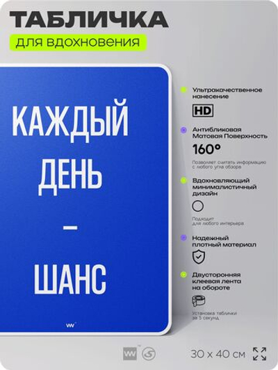 Табличка мотивационная большая "Каждый день это шанс", аффирмация, для интерьера, 30х40 см, пластиковая, Айдентика Технолоджи