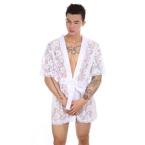 Мужской халат кружевной белый Romeo Rossi 9093-1