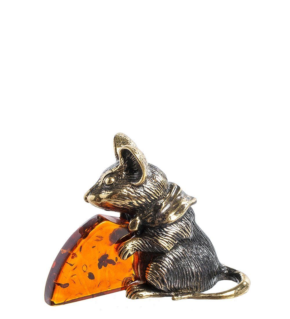 Народные промыслы AM- 461 Фигурка «Мышка с сыром» (латунь, янтарь)