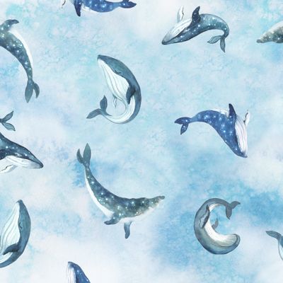 Звездные киты на голубом акварельном фоне