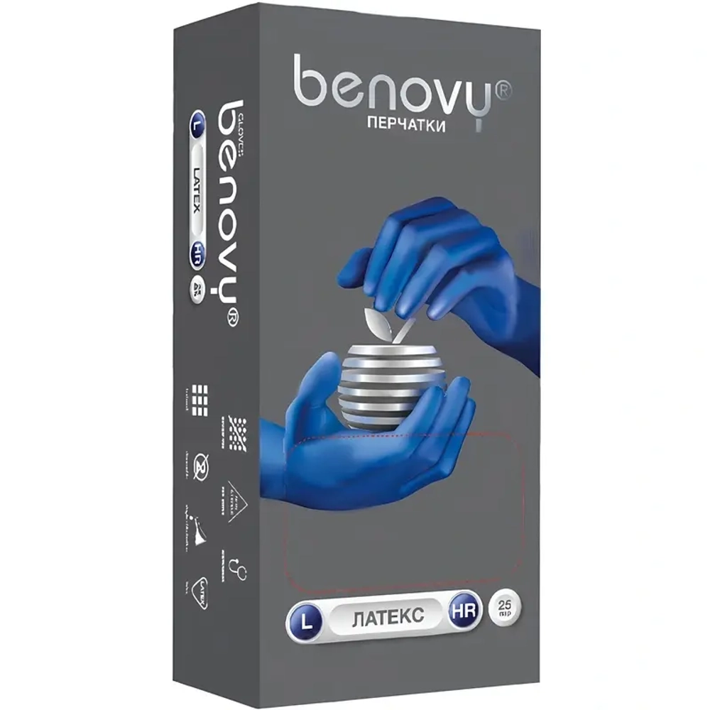 Перчатки Латекс "Benovy" синий повышенной прочности L (25 пар/уп)