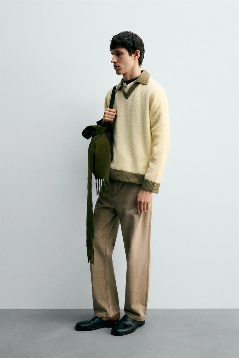 ZARA ПОЛО ИЗ ТРИКОТАЖА С КОНТРАСТНЫМИ ЭЛЕМЕНТАМИ И ШЕРСТЬЮ, ЭКРЮ