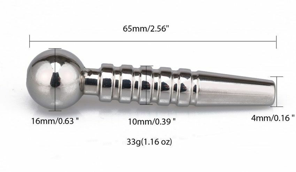 Уретральный металлический стимулятор с резьбой и шариком на конце - 6,5 см. (Цвет: серебристый)
