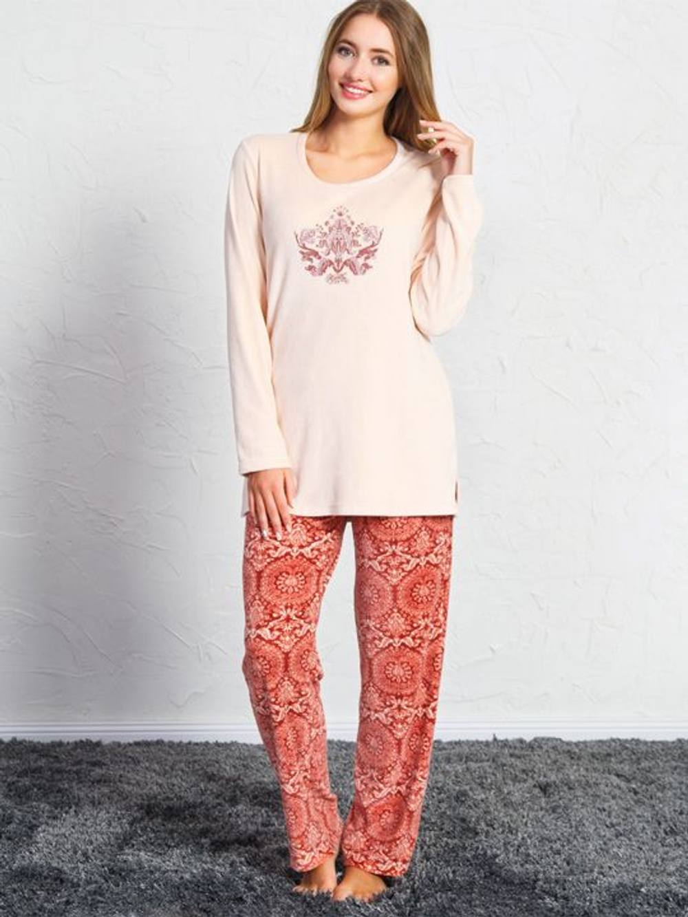 Велюровая женская пижама с брючками (Размер: L) (Цвет: оранжевый)