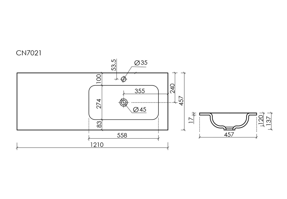 Раковина накладная мебельная CERAMICANOVA Grace прямоугольная 1210x457x137 с чашей справа и отверстием под смеситель цвет белый CN7021