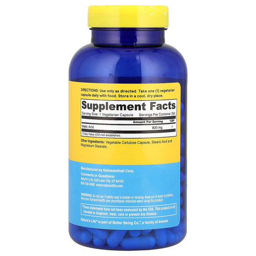 Nature's Life, яблочная кислота, 800 мг, 250 капсул