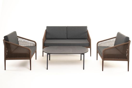 "Канны" лаунж-зона 4-местная из роупа со столом "Верона" (серый гранит), каркас алюминиевый коричневый, роуп коричневый