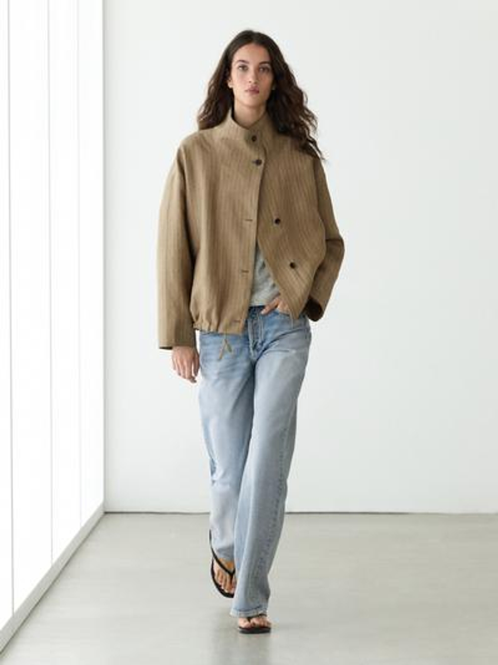 Massimo Dutti Бомбер из льняной смеси в полоску, пастельно-зеленый