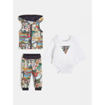 Жилет с капюшоном+брюки трикотажные+боди GUESS Принт: уличные пейзажи, скейтбордисты//Белый/Аппликация: треугольник-логотип Мальчик