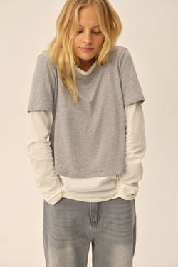 Лонгслив с футболкой (Ballet princess), молочный с серым