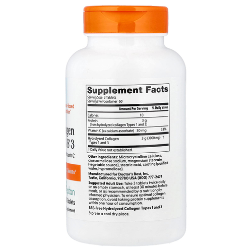Doctor's Best, коллаген типов 1 и 3 с витамином C, 180 таблеток
