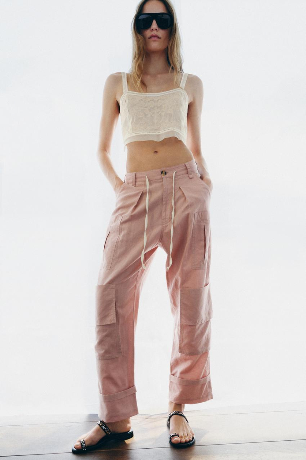 ZARA БРЮКИ КАРГО ИЗ СМЕСОВОГО ЛЬНА — ZW COLLECTION, СВЕТЛО-РОЗОВЫЙ
