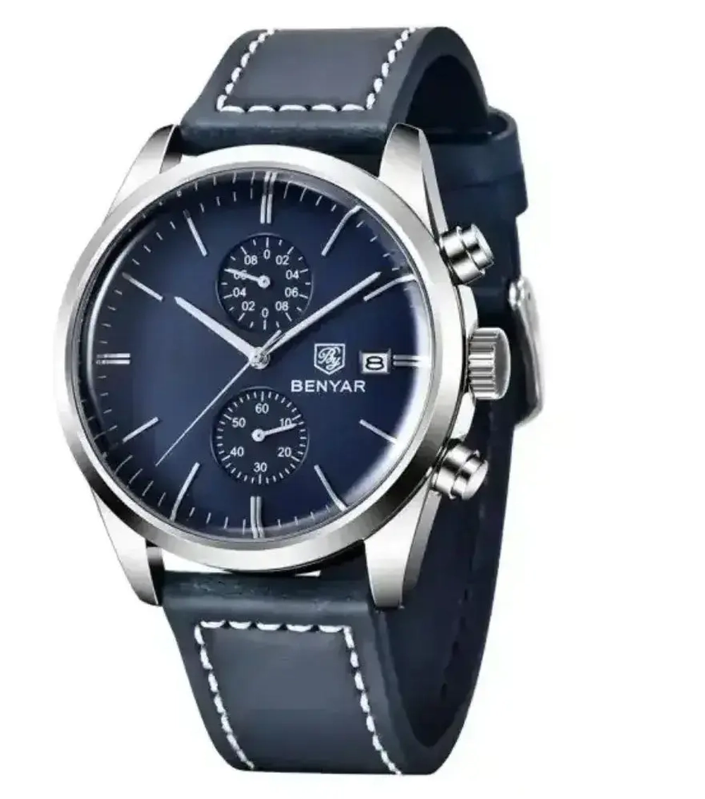 Часы наручные кварцевые BENYAR на кожаном ремешке, черный/синий W9910-03