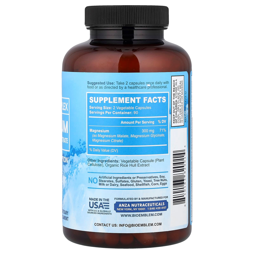 BioEmblem, тройной комплекс магния, 180 растительных капсул (150 мг в 1 капсуле)