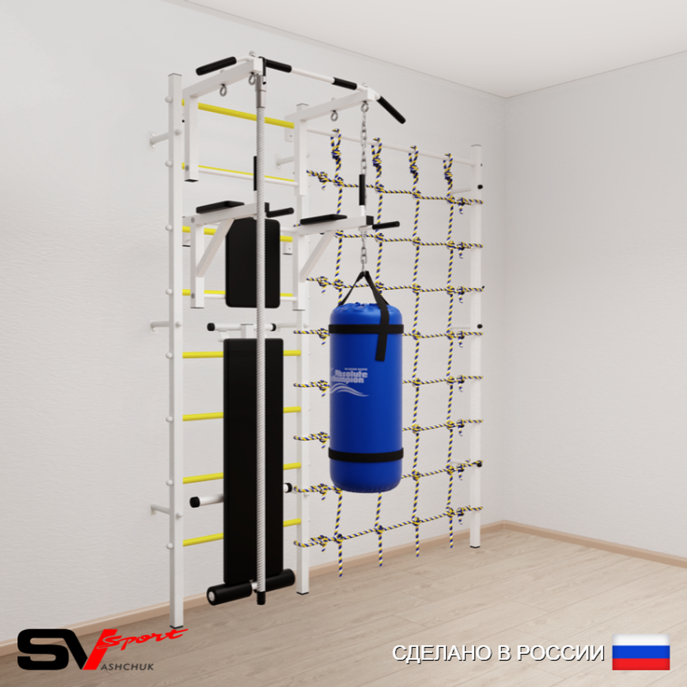 Шведская стенка Sv Sport усиленная 68030 (Турник стандарт/Брусья/Скамья/Канат/Цепь/Мешок 30кг/Канатный лаз)