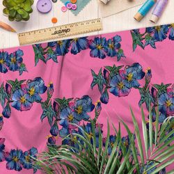 Ткань мембрана синяя цветочная вышивка