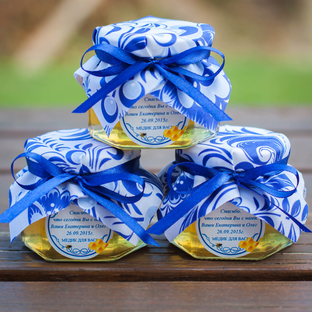 Бонбоньерка с медом на свадьбу, 140 грамм, стиль "Гжель"