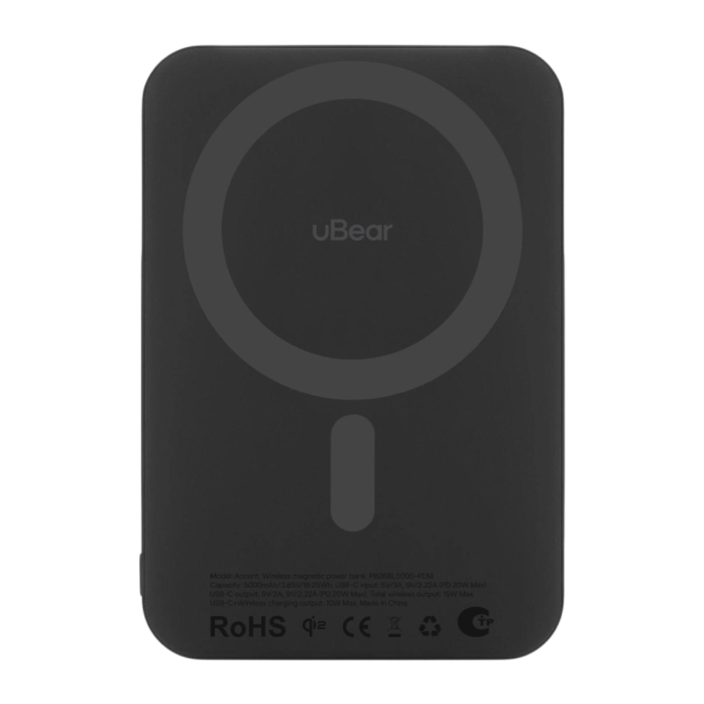 Внешний аккумулятор MagSafe с подставкой uBear Accent (Qi2) (5000 мА·ч) Беспроводная зарядка: Qi 15 Вт. Проводная зарядка: USB-C. Есть LED-индикация и поддержка PD. Энергоёмкость — 19,25 Вт·ч. Максимальная выходная мощность — 20 Вт