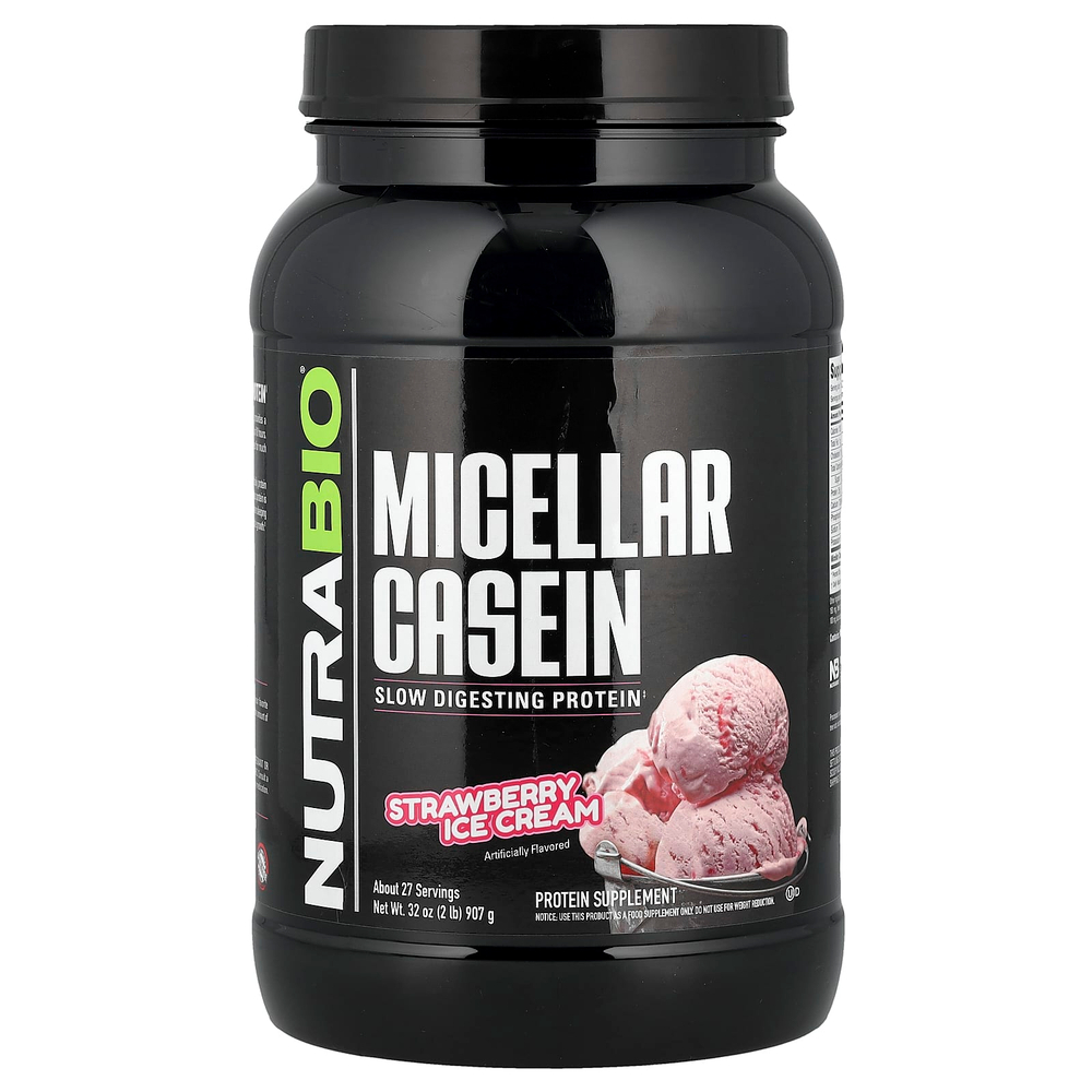 NutraBio, Мицеллярный казеин, клубничное мороженое, 907 г (2 фунта)