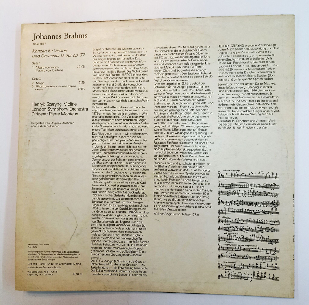 Винтажная виниловая пластинка LP Henryk Szeryng, Brahms Брамс, London Symphony Orchestra, Pierre Monteux Violinkonzert (GDR 1976)