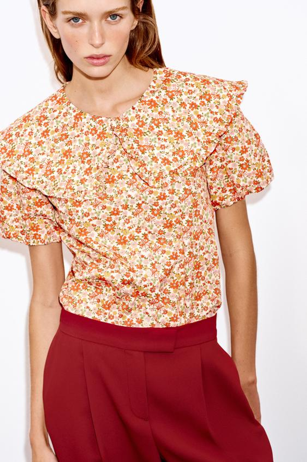 ZARA ШИРОКИЕ БРЮКИ С ЗАЩИПАМИ, ЧЕРЕПИЧНЫЙ