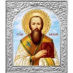 Святитель Василий Великий. Маленькая икона в серебряной раме. 4,5 х 5,5 см.
