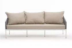 "Канны" диван 3-местный плетеный из роупа, каркас алюминий белый муар, роуп светло-серый круглый, ткань бежевая 15052