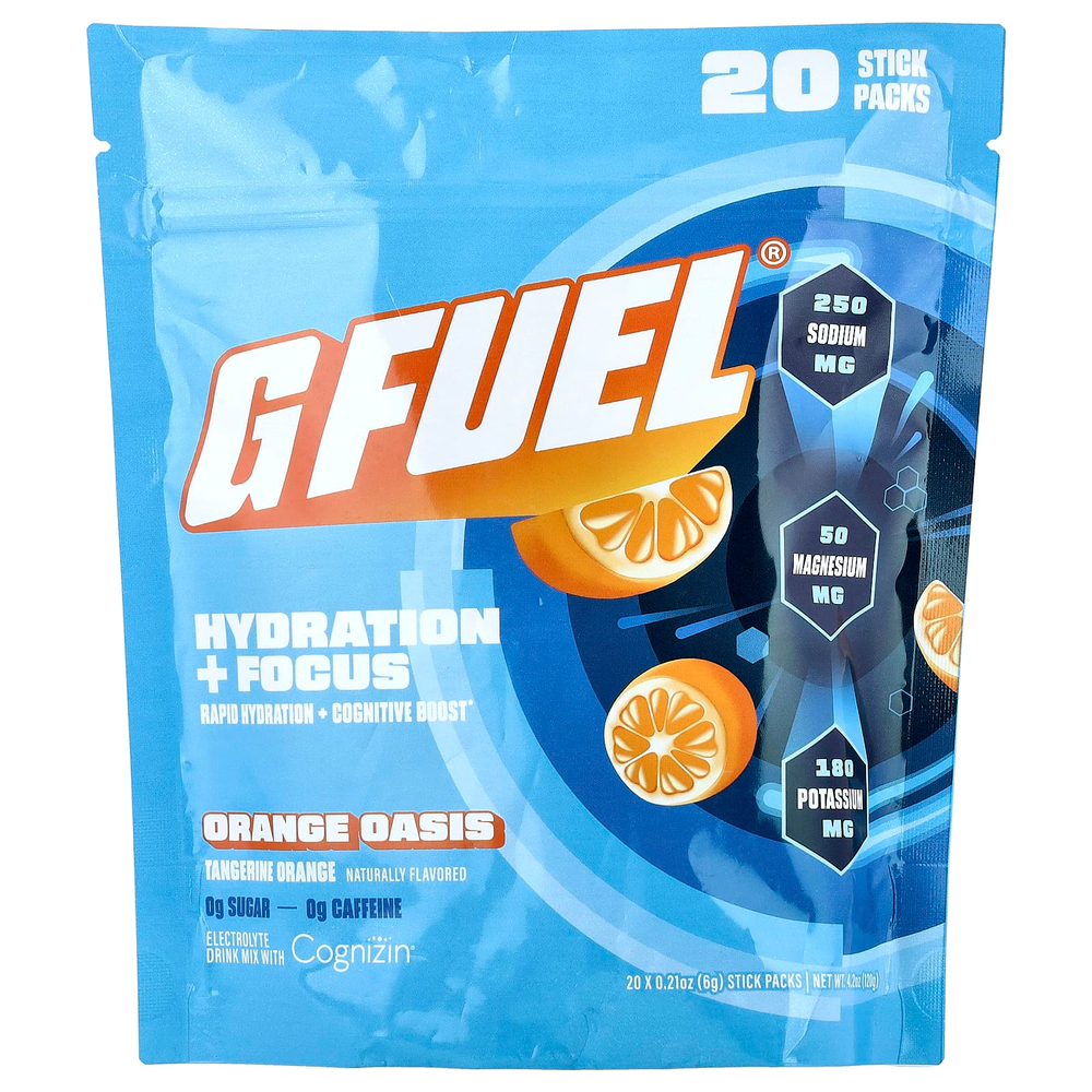 G FUEL, Hydration + Focus, смесь для приготовления электролитического напитка с Cognizin®, со вкусом апельсина, 20 пакетиков-стиков по 6 г (0,21 унции)