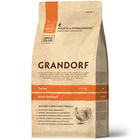 Сухой низкозерновой корм GRANDORF CAT Turkey STERILISED Индейка для стерилизованных кошек 0,4кг