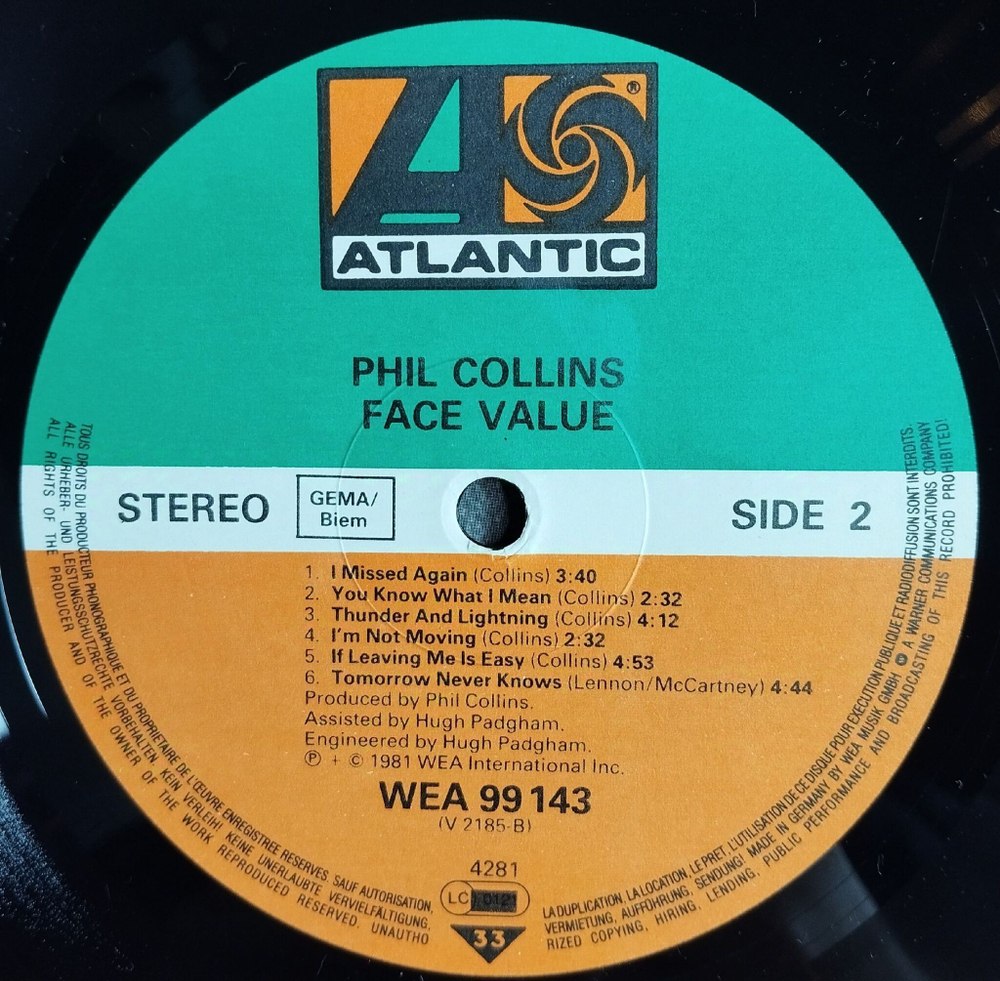 Винтажная виниловая пластинка LP Phil Collins Face Value (Germany 1981) In The Air Tonight