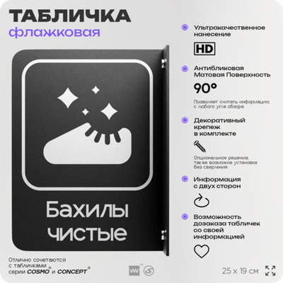Табличка Бахилы чистые флажковая на стену, двусторонняя с крепежом, 19 х 25 см, для офиса, кафе, отеля, серия COSMO, Айдентика Технолоджи
