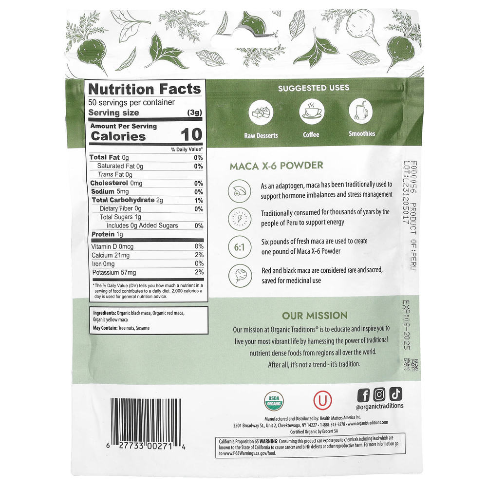 Organic Traditions, мака X-6 в порошке, 150 г (5,3 унции)