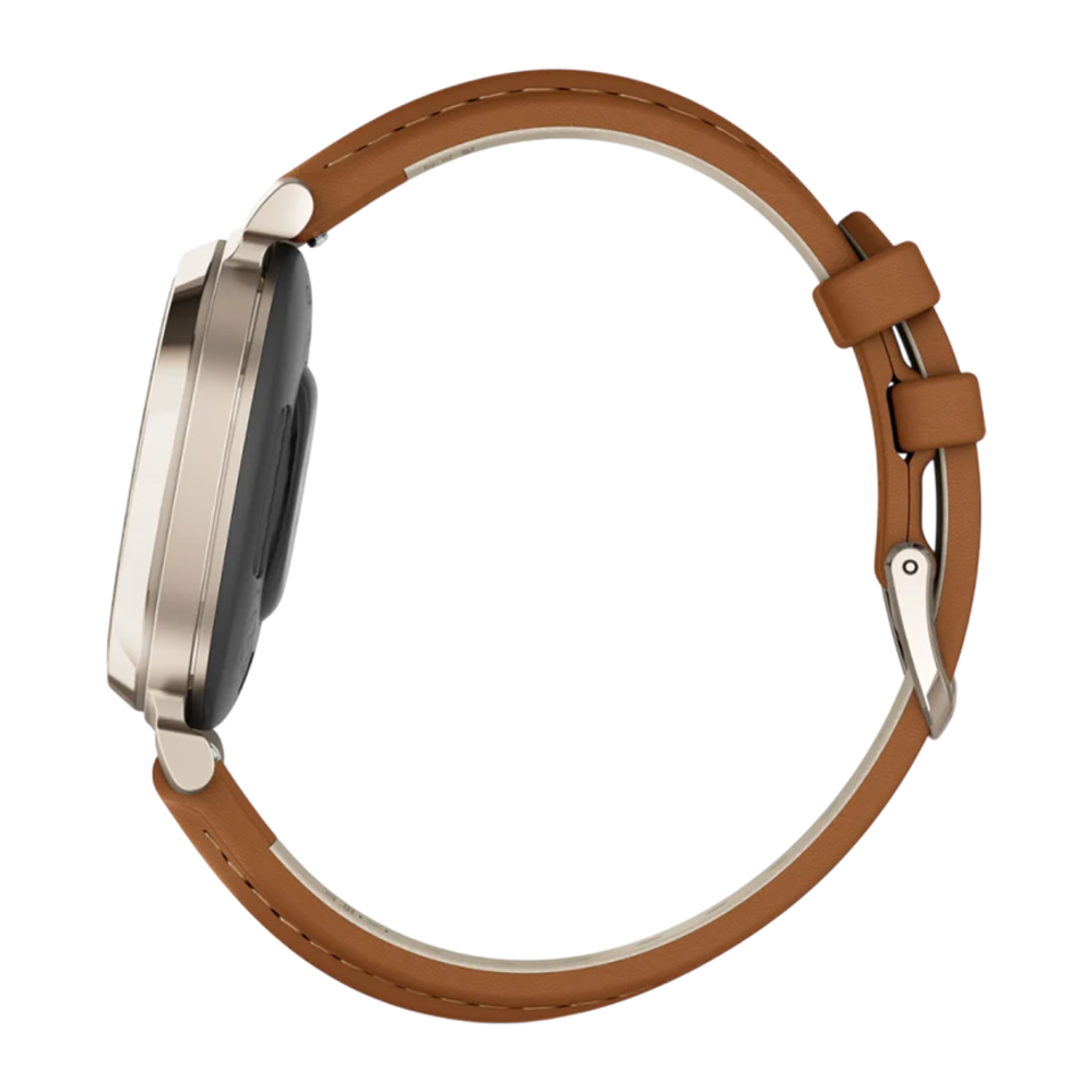 Спортивные часы Garmin Lily 2 Classic, рыжевато-коричневый кожаный ремешок Кремово-золотистый безель из алюминия, стекло Gorilla Glass. Ремешок с классической застёжкой — на запястье обхватом 110–175 мм