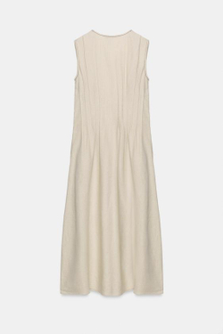 ZARA ПЛАТЬЕ МИДИ ИЗ ЛЬНА СО СБОРКАМИ, СВЕТЛО-БЕЖЕВЫЙ