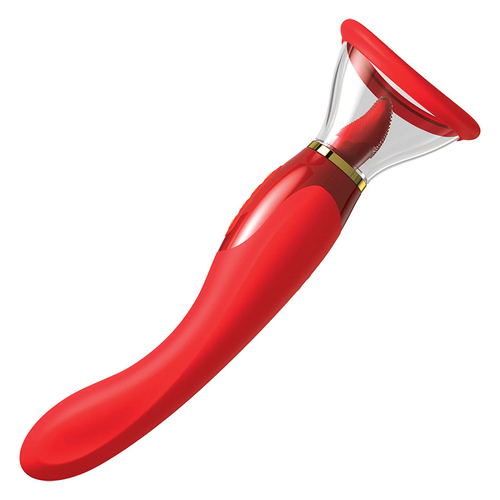 Двухсторонний вибростимулятор с помпой и язычком PipeDream Fantasy for Her Ultimate Pleasure Dual 24K Gold Luxury Edition Oral Sex Simulator Red 494315
