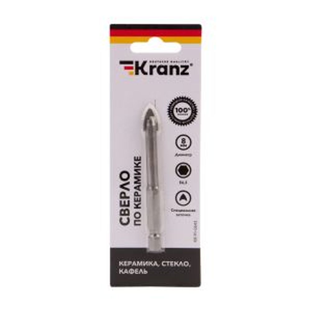 Сверло по стеклу и керамике 8 мм, 2 грани, шестигранный хвостовик KRANZ