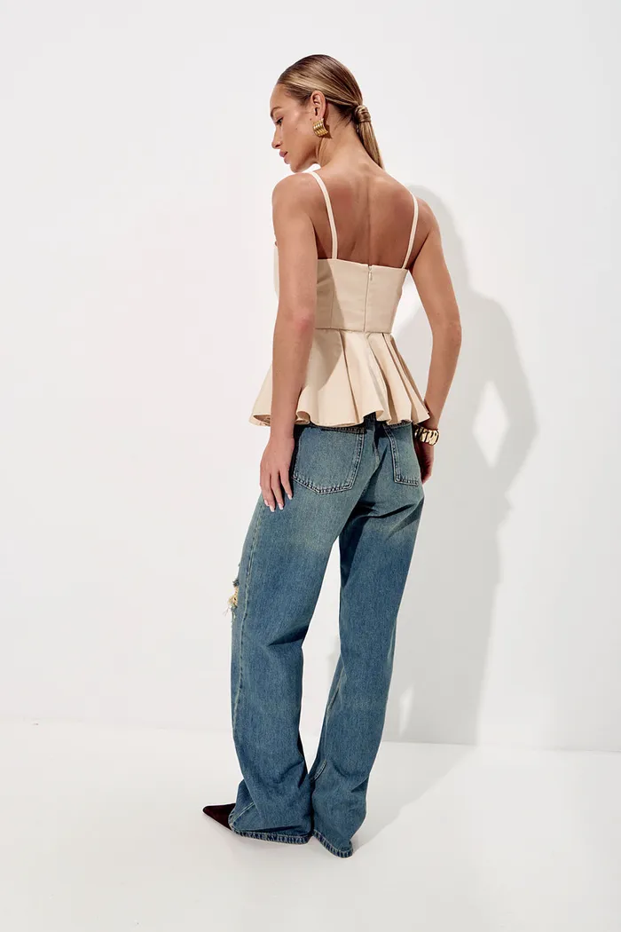 Корсет с баской из денима песочного цвета