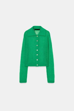ZARA КАРДИГАН С ВОРОТНИКОМ ПОЛО, ЗЕЛЕНЫЙ