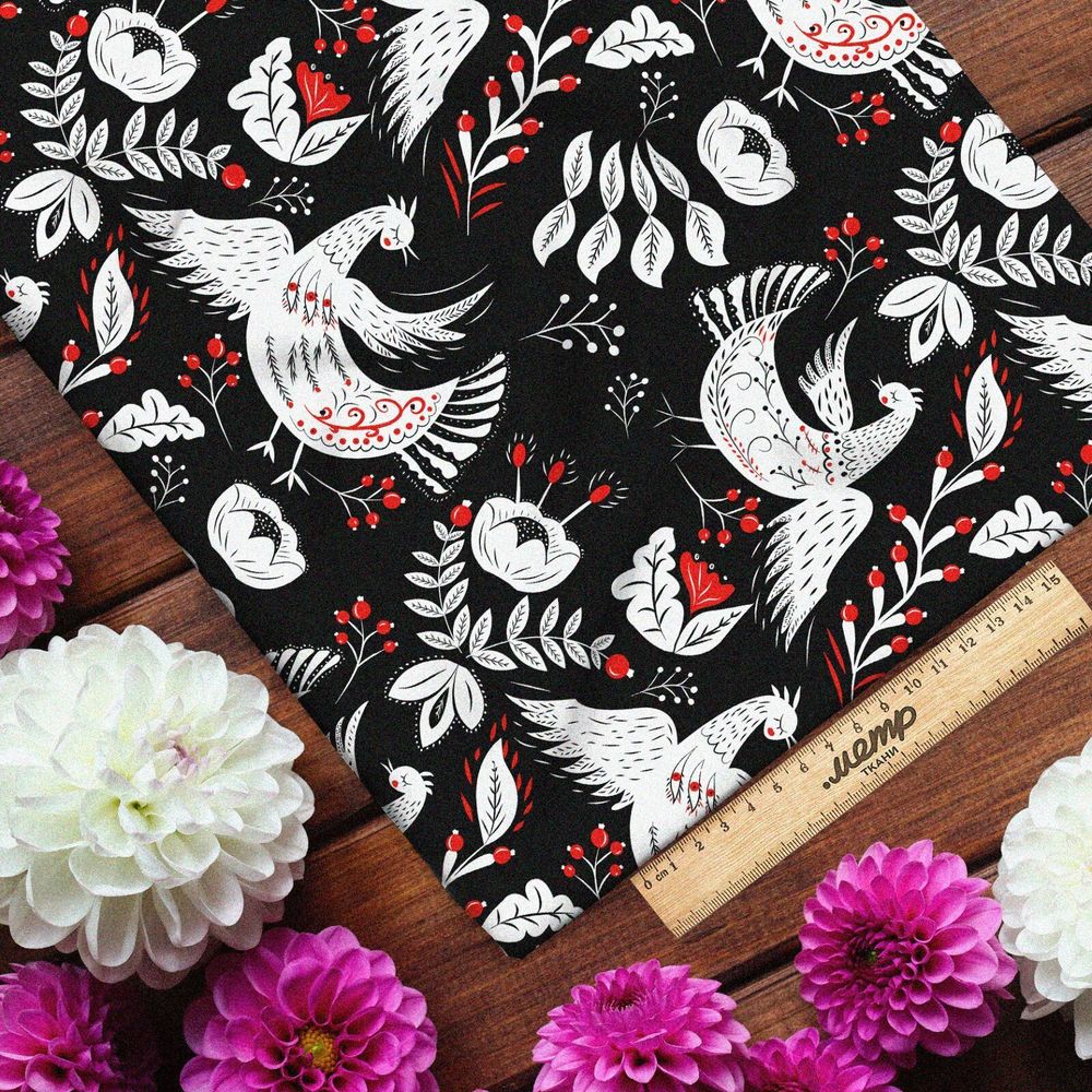 Ткань шелк Армани белая на чёрном роспись